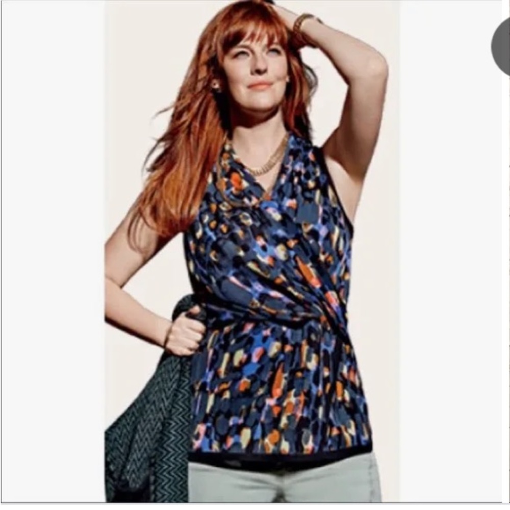 *CAbi Flaunt Faux Wrap Black Multicolor Abstract Pattern Medium Blouse #Gr